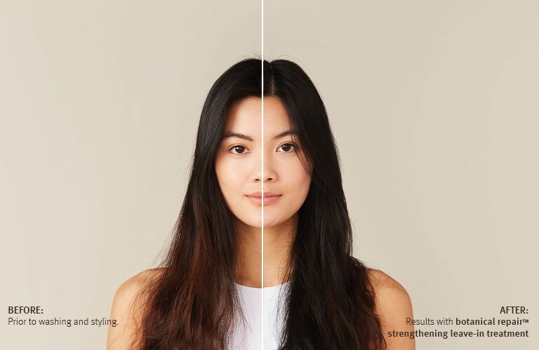 Before and after image with model using botanical repair™ strengthening leave-in treatment.