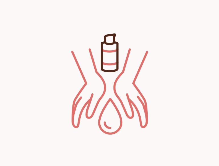 Illustration of hands and Nutriplenish Multi-Use Hair Oil bottle.