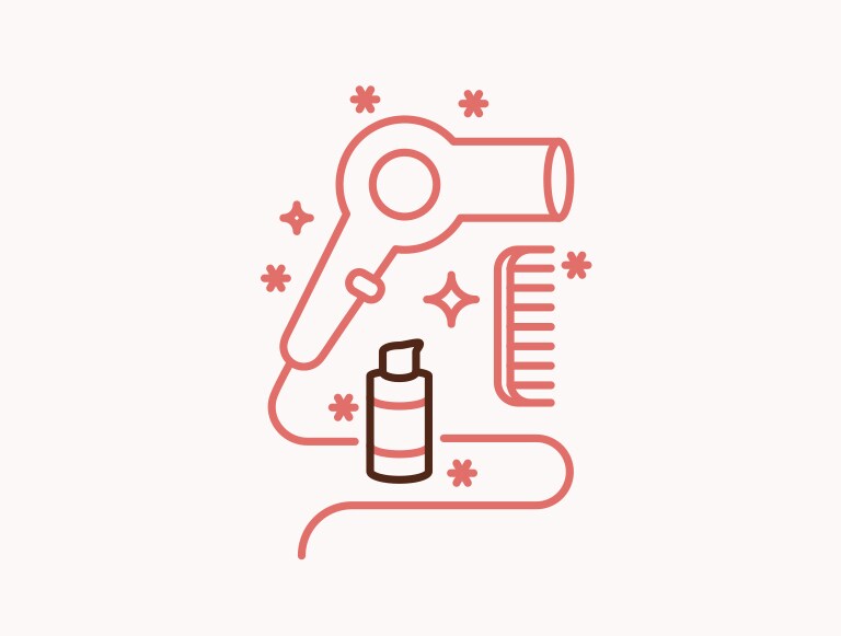 Illustration of hair dryer, comb and Nutriplenish Multi-Use Hair Oil bottle.
